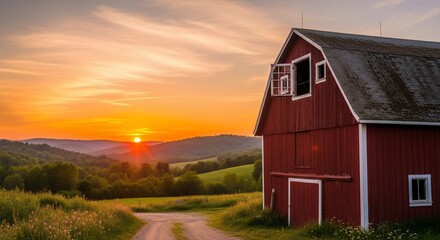 Sunset Over Rural Landscape with Red Barn and Winding Road.