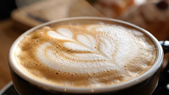 CloseUp of Latte Art Aromatic Coffee with Delicate Heart Design in a Cozy Cafe Setting Perfect for Morning Relaxation and Warmth. - Powered by Adobe