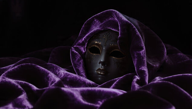 A mysterious Venetian mask, dark with gold accents, emerges from deep purple velvet folds, creating an elegant and enigmatic scene. Dark background enhances dramatic effect.