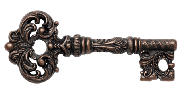 Ornate antique key with intricate vintage detailing and elegant metal craftsmanship displayed clearly in refined view on white background
