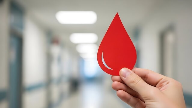 Hand Holding Red Blood Drop Shape in Hospital Hallway Setting - Powered by Adobe