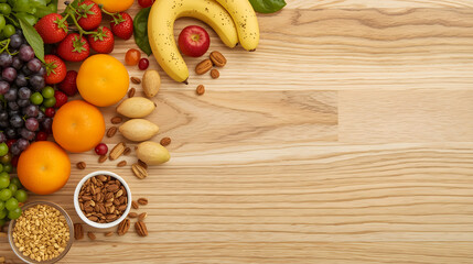 Fototapeta premium Fresh Fruits, Nuts, and Seeds on Wooden Table Flat Lay
