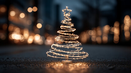Illuminated christmas tree with star topper against blurred background