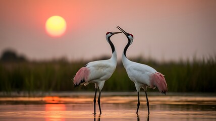 Obraz premium Two red crowned cranes facing each other in shallow water at sunset two cranes bird