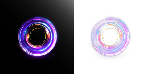 Vibrant neon circular glow with colorful light trails, glossy reflections and futuristic energy swirl. Bright luminous ring effect for abstract, tech and modern graphic designs.