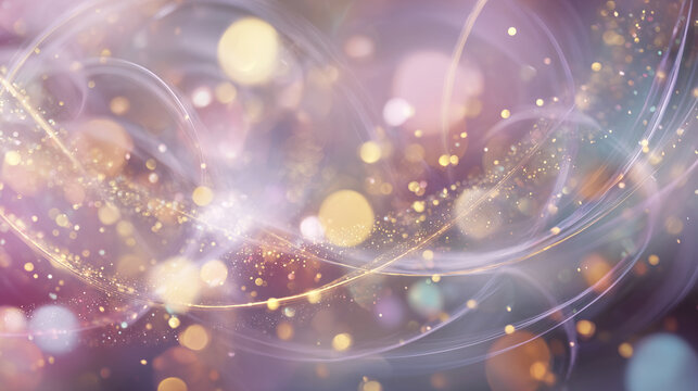 A magical abstract background consisting of a soft bokeh effect, shimmering golden glitter and airy, glowing swirls of lines or streaks of light.