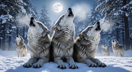 Wolves Howling at the Moon in a Snowy Winter Landscape.