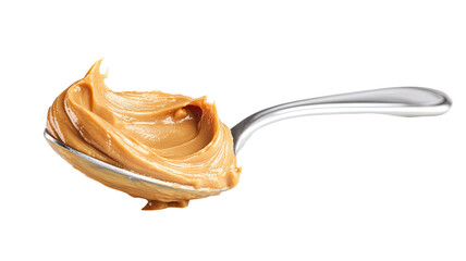 Peanut butter on a spoon with smooth creamy texture and rich appetizing detail captured clearly on white background