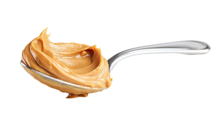Peanut butter on a spoon with smooth creamy texture and rich appetizing detail captured clearly on white background
