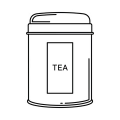 Simple line drawing of a vintage tea tin with a label that says tea