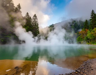 Discover a breathtaking misty turquoise lake surrounded by lush green forest, feel the tranquility and escape to nature's untouched beauty in this landscape