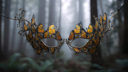 An exquisite golden filigree mask adorned with vibrant monarch butterfly wings, suspended elegantly in a soft, misty forest background, evoking fantasy and mystery.