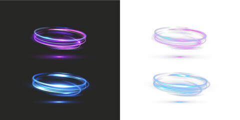 Naklejka na ściany i meble Neon light swirl PNG with glowing purple and blue energy rings and smooth motion trails. Futuristic luminous vortex effect for dynamic abstract overlays on dark or transparent backgrounds.