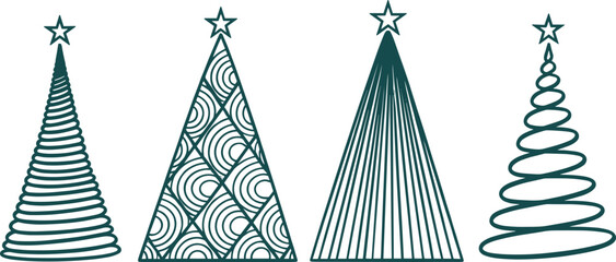 Cad drawing flat vector illustration, stylized Christmas tree set, modern festive shapes, abstract holiday design, black graphic silhouette