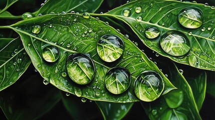 Crystal droplets of rain resting on vibrant green leaves