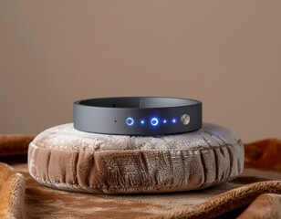 Experience ultimate relaxation with this innovative wearable technology for stress relief and sleep enhancement on a soft velvet cushion in neutral tones