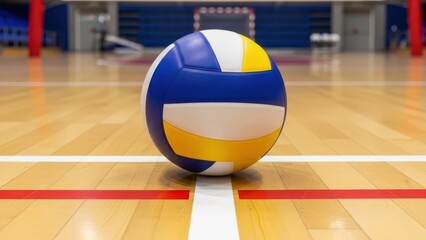 Colorful volleyball on indoor court with wooden floors and goal in background