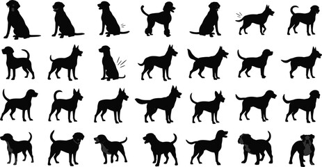 Dog silhouette set, various breeds, sitting, standing, motion lines, black icons, vector illustration, posture, tail shape, ear style