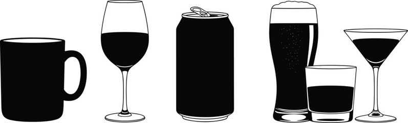 Drinkware silhouettes, beverage container icons, coffee mug, wine glass, soda can, beer pint, whiskey glass, martini, black vector