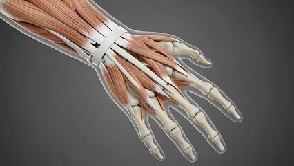 Hand Anatomy Illustration Muscles Bones Tendons on Gray Background