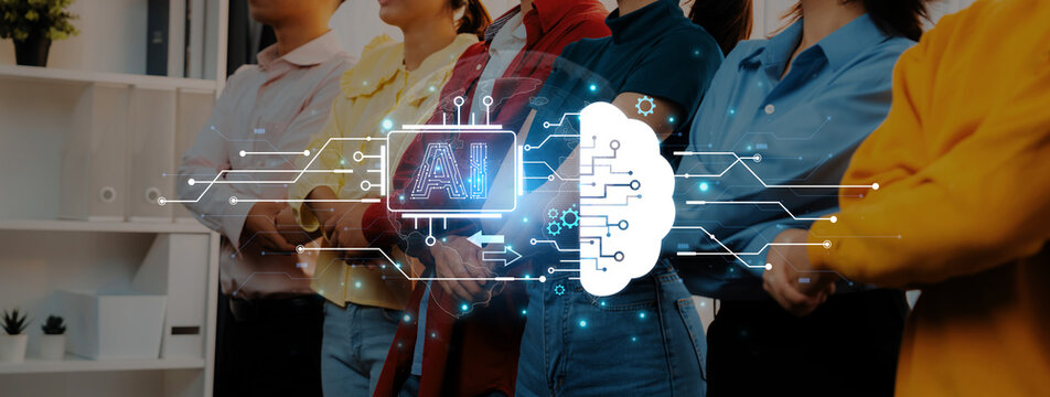 Concept of artificial intelligence and machine learning. A central processor transfers information to a cloud brain, representing a global neural network and deep learning. Fermion - Powered by Adobe