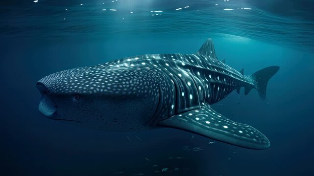 Whale shark swimming gracefully through the clear deep blue ocean with sun rays filtering from the surface, showcasing its spotted pattern and natural habitat