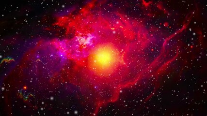 A vibrant nebula with a bright yellow center surrounded by red and purple clouds and many stars - Powered by Adobe