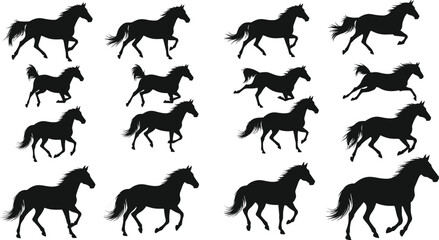 Horse gallop silhouettes, motion sequence, stride stages, black icons, vector illustration, equine anatomy, running cycle, dynamic pose, animation, study