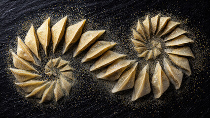 Artistic arrangement of golden-dusted, translucent triangular dumplings forming two spirals on a dark textured surface, creating an elegant culinary display.