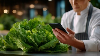 Close-up of chef scanning produce with smart device while interacting with digital farm analytics, highlighting agri-tech innovation, farm-to-table freshness, and futuristic culinary sourcing.
