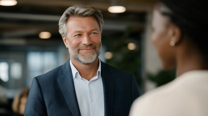 A CEO mentoring a young professional in a quiet corner of the office, offering guidance with open body language — leadership development, talent growth, and supportive executive culture. cinematic