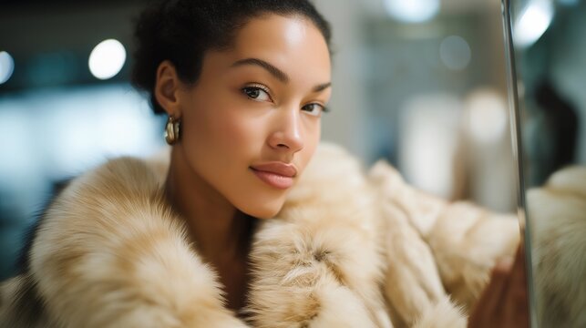 A conscious consumer trying on pre-loved designer coats in a vintage shop mirror, capturing the timeless charm of fashion with extended life cycles — upscale thrifting, sustainable luxury, and