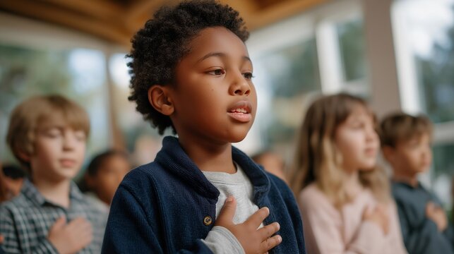 A diverse classroom of students reciting a morning pledge, sunlight pouring through large windows as their hands rest over their hearts — unity, multicultural patriotism, and early civic education