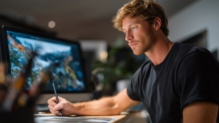 A creative individual teaching themselves a new skill like drawing or coding, with tutorials playing on a side screen and tools scattered around — hands-on self-education, passion-driven learning,