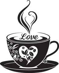 Black and White Coffee Cup Illustration with Heart-Shaped Steam
