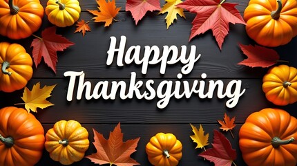 Modern Happy Thanksgiving typography blended with a cozy still life of colorful pumpkins, squash, and bright foliage placed on weathered dark wooden planks, seasonal aesthetic