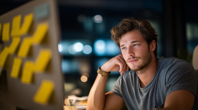 An employee working late in a dimly lit office, sticky notes with urgent deadlines covering the monitor frame — realistic pressure of prioritization, productivity under time constraints, and