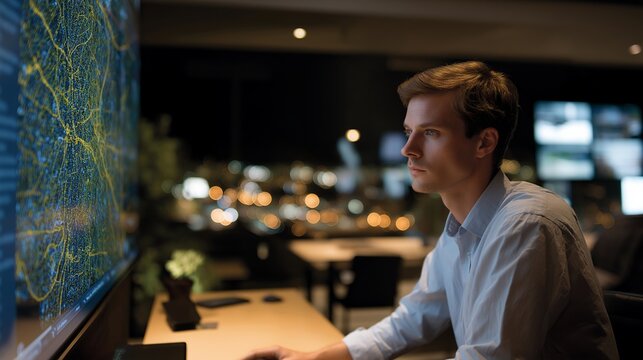 A fleet manager analyzing fuel-efficiency heatmaps on a large wall display, optimizing delivery routes using AI algorithms that reduce idle time and mileage — sustainable fleet operations,