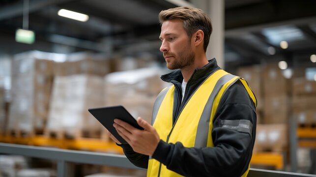 A distribution center supervisor reviewing real-time shipping data on a tablet while standing on a mezzanine overlooking rows of organized pallets — digital logistics leadership, warehouse