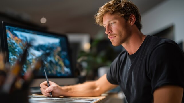 A creative individual teaching themselves a new skill like drawing or coding, with tutorials playing on a side screen and tools scattered around — hands-on self-education, passion-driven learning,