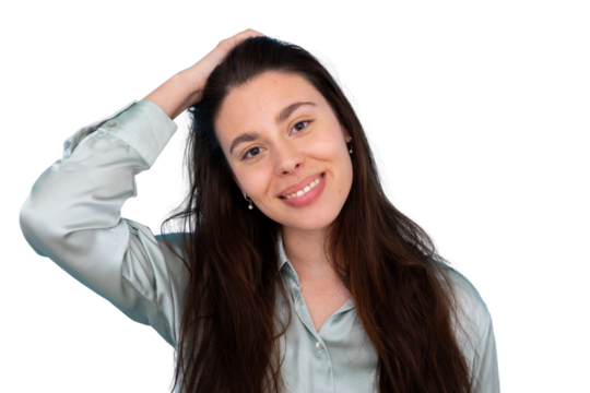 Happy young woman smiling, hand in long brunette hair, wearing a casual silk shirt, transparent background