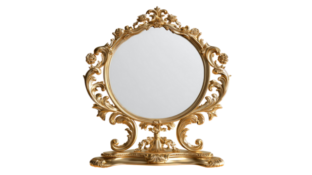 Ornate gold vanity mirror with intricate decorative frame and elegant vintage style details on white background