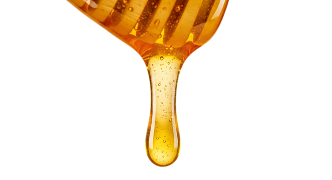 Golden honey, dripping from a wooden dipper with air bubbles, isolated on a transparent background, cutout, PNG - Powered by Adobe
