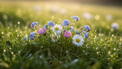 Morning dew on vibrant garden flowers in sunlit grass