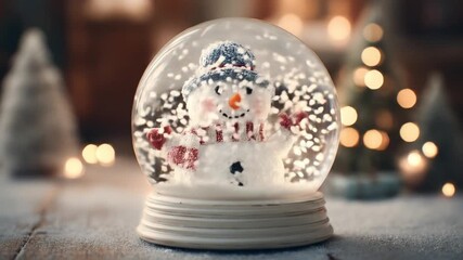 A glittering snow globe houses a jolly snowman with red scarf; snow swirls around softly on a base. - Powered by Adobe