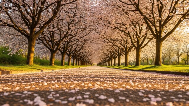 Enchanting cherry blossom avenue in springtime morning light