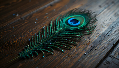 A Peacock Feather Laying on a Wooden Floor Close Up