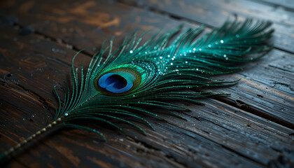 A Peacock Feather Laying on a Wooden Floor Close Up