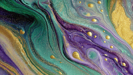 Mesmerizing fluid art swirls emerald green, vibrant purple, and shimmering gold. Glittering particles and metallic droplets create a luxurious, dynamic abstract marbled design.