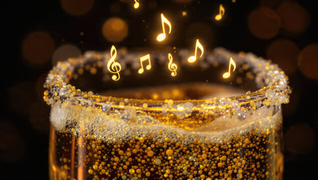 A shimmering golden drink in a glitter-rimmed glass, effervescent bubbles rising. Luminous musical notes float above, creating a magical, celebratory atmosphere perfect for a party or special event.